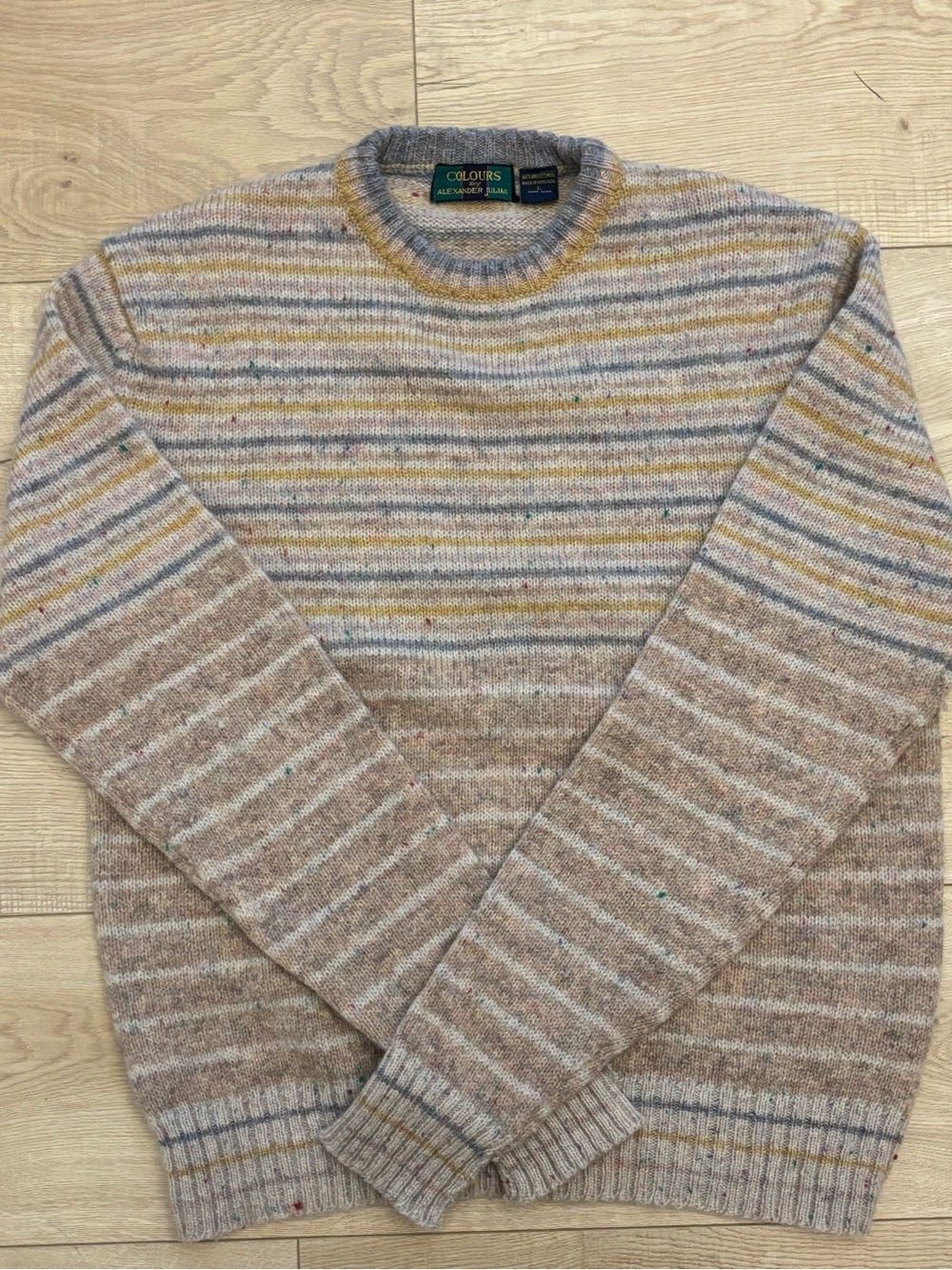 Vintage Wool Sweater Alexander Julian Beige Colorful Striped Crewneck Sweater